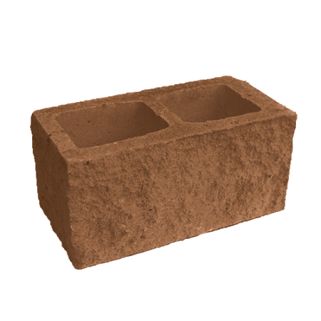 Блок пустотелый с двумя гранями колотой фактуры Besser темно-коричневый на сером цементе